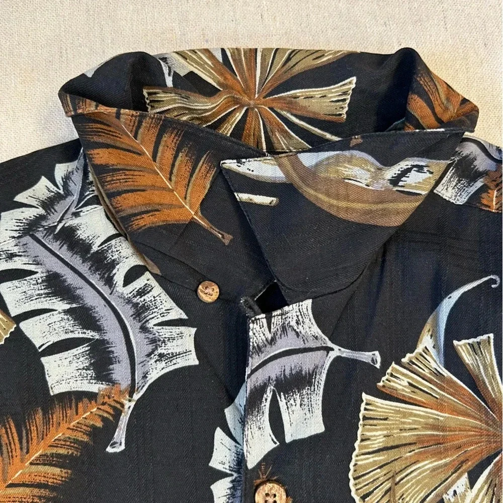 Vtg Paradise Coves Mens Blk Printed 100% Silk Button-Down Hawaiian Shirt Size XL